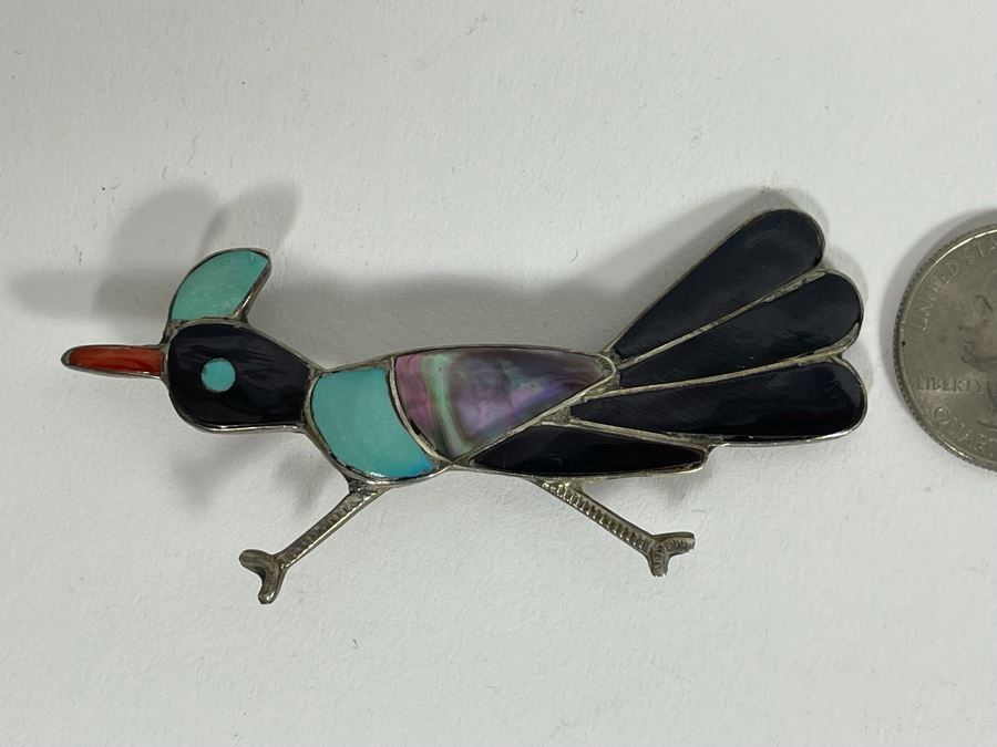 Vintage Sterling Silver Inlay Native American Roadrunner Brooch Pin 9.4g [Photo 2]