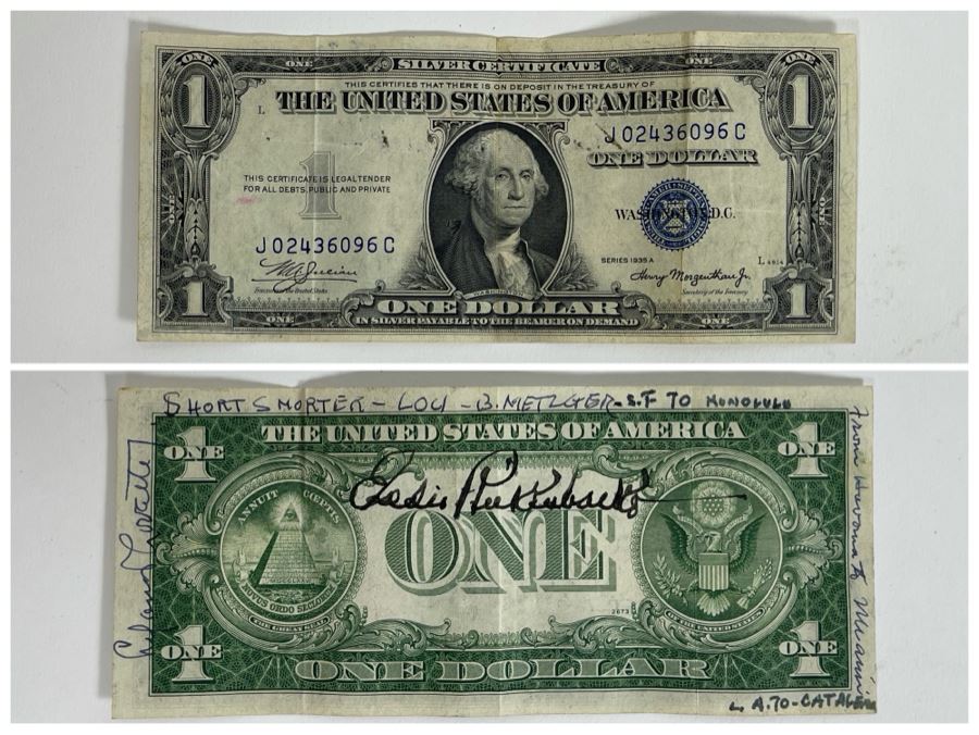 1935 A One Dollar Silver Certificate Signed By Multiple Parties Including Father Lou B. Metzger