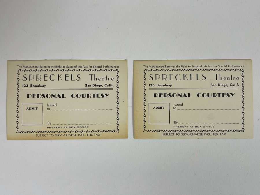 Pair Of Spreckels Theatre San Diego, CA Personal Courtesy Tickets