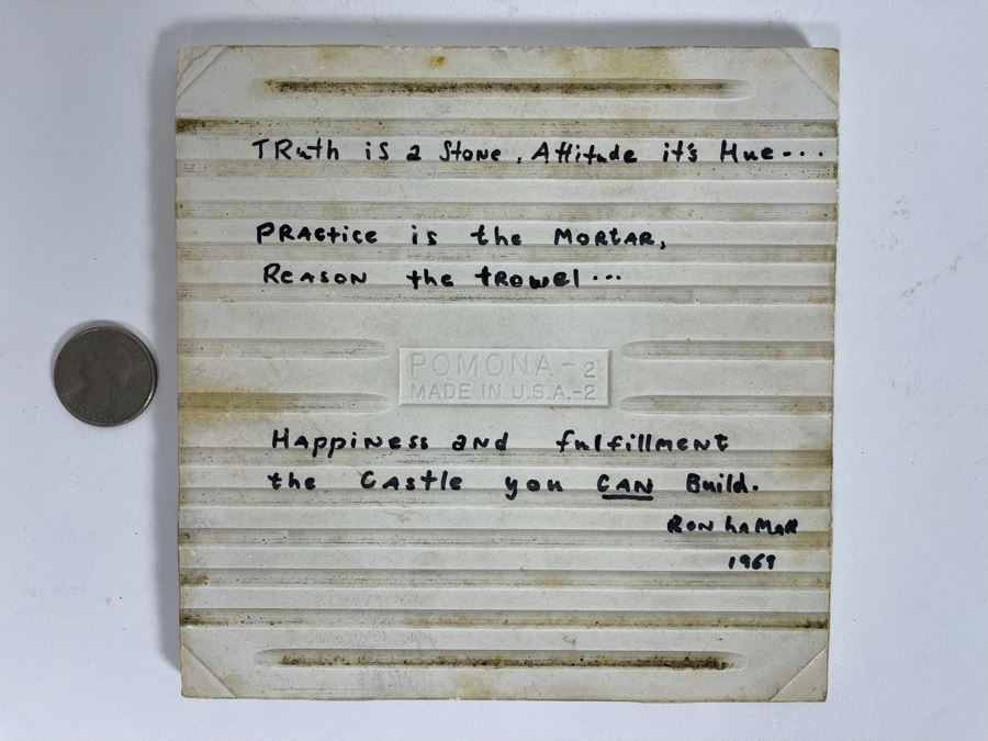 Original Abstract Painting On Tile 'Truth Is A Stone, Attitude It's Hue... Practice Is The Mortar...' Signed Ron LaMar 1969 6 X 6 [Photo 8]