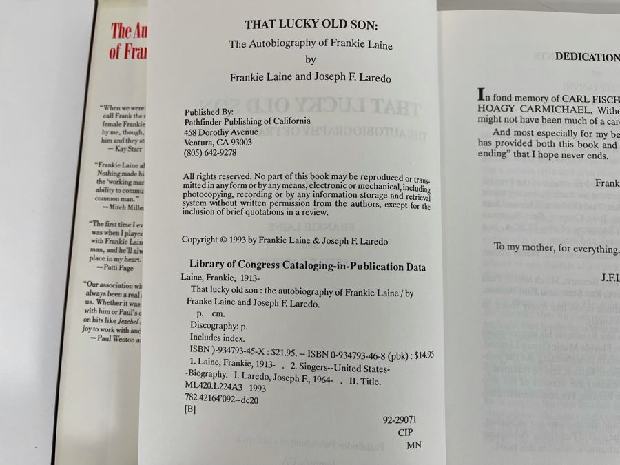 Signed Book 'That Lucky Old Son' The Autobiography Of Frankie Laine Signed By Frankie Laine [Photo 7]