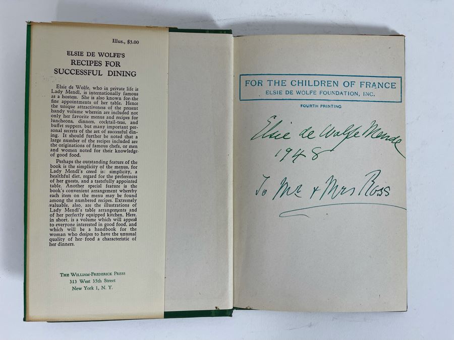 Signed Book Elsie De Wolfe's Recipes For Successful Dining Signed By Elsie De Wolfe 1948 [Photo 3]