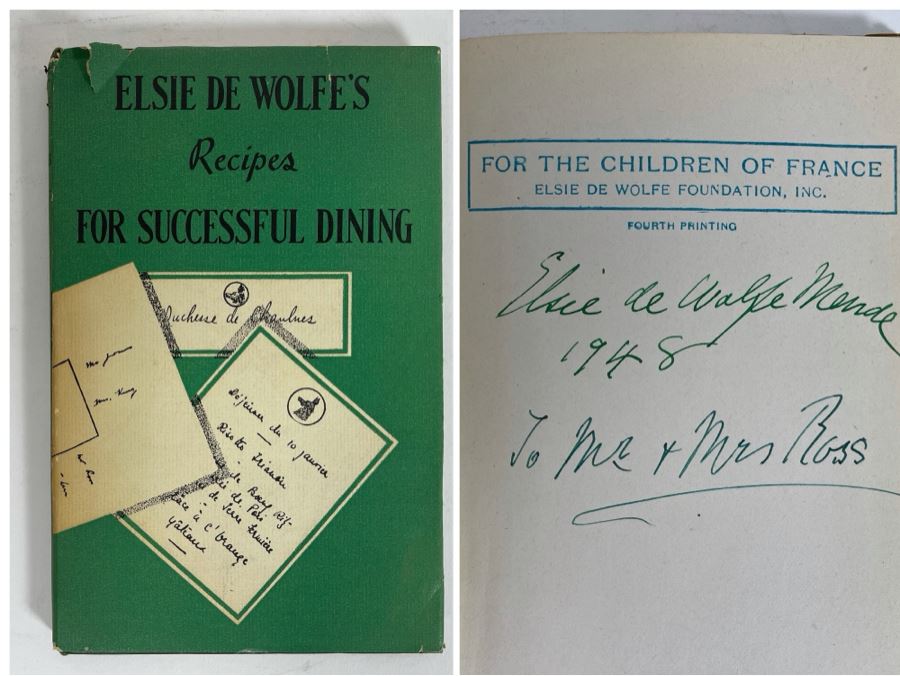 Signed Book Elsie De Wolfe's Recipes For Successful Dining Signed By Elsie De Wolfe 1948