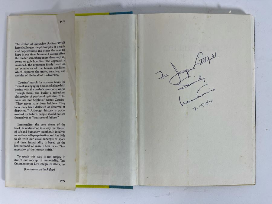 Signed First Edition 1974 Book The Celebration Of Life A Dialogue On Immortality And Infinity Signed By Norman Cousins [Photo 3]