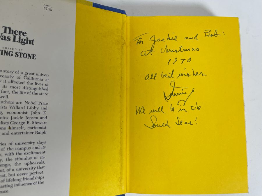 Signed First Edition 1970 Book There Was Light Autobiography Of A University Berkeley: 1868-1968 Signed By Irving Stone [Photo 4]