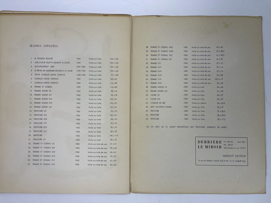 Joan Miro Derriere Le Miroir Softcover Book Original Edition Complete With 8 Color Lithographs Published By Maeght Editeur, Paris, 1961 Estimate $1,600 [Photo 23]