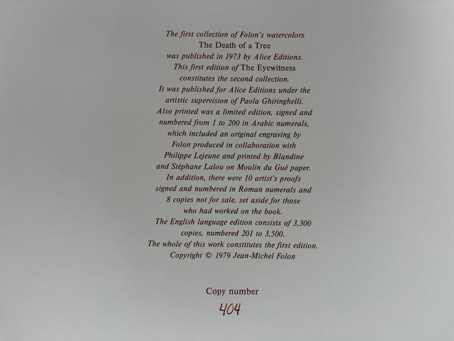 First Limited Edition 1979 Book The Eyewitness By Jean Michel Folon 26 Watercolors And Text By The Artist And 1976 Second Edition Book The Death Of A Tree Alice Editions By Jean Michel Folon [Photo 9]