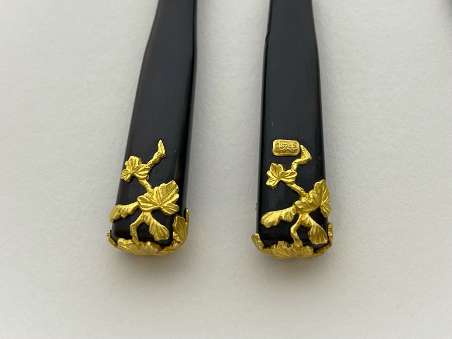 Vintage Signed Japanese Kushi Hair Comb And Kogai Hair Stick Kanzashi Set Hair Ornament Encrusted With Pure Gold Ornamentation 20.7g [Photo 15]