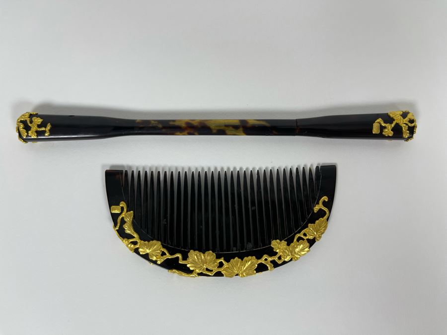 Vintage Signed Japanese Kushi Hair Comb And Kogai Hair Stick Kanzashi Set Hair Ornament Encrusted With Pure Gold Ornamentation 20.7g [Photo 20]