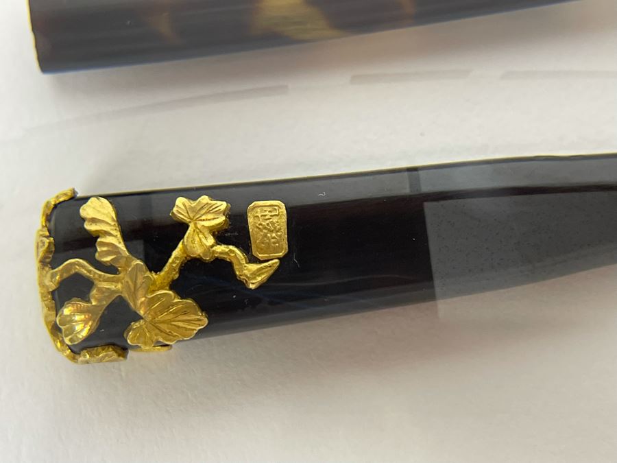 Vintage Signed Japanese Kushi Hair Comb And Kogai Hair Stick Kanzashi Set Hair Ornament Encrusted With Pure Gold Ornamentation 20.7g [Photo 10]