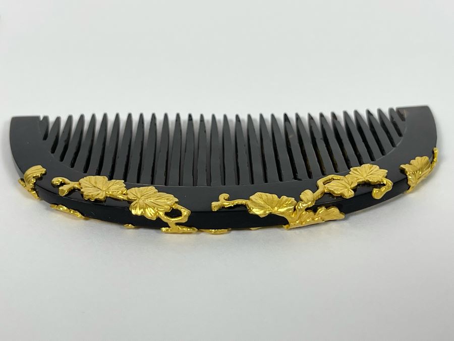 Vintage Signed Japanese Kushi Hair Comb And Kogai Hair Stick Kanzashi Set Hair Ornament Encrusted With Pure Gold Ornamentation 20.7g [Photo 17]