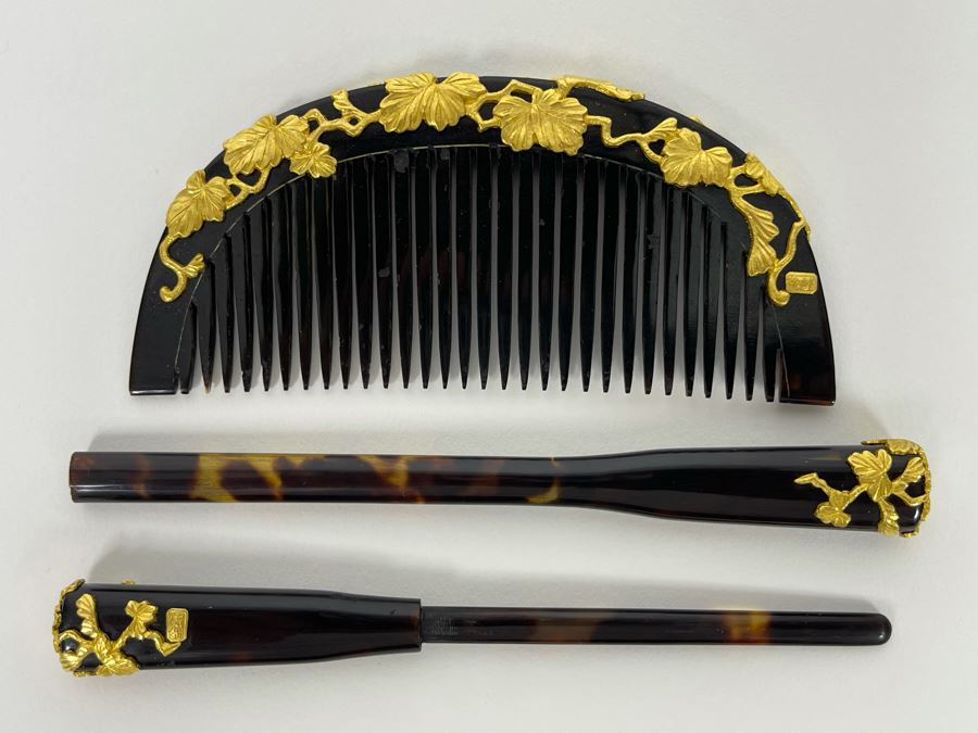 Vintage Signed Japanese Kushi Hair Comb And Kogai Hair Stick Kanzashi Set Hair Ornament Encrusted With Pure Gold Ornamentation 20.7g [Photo 3]