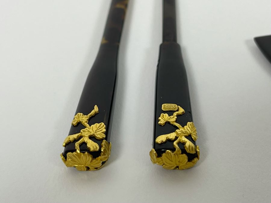 Vintage Signed Japanese Kushi Hair Comb And Kogai Hair Stick Kanzashi Set Hair Ornament Encrusted With Pure Gold Ornamentation 20.7g [Photo 14]