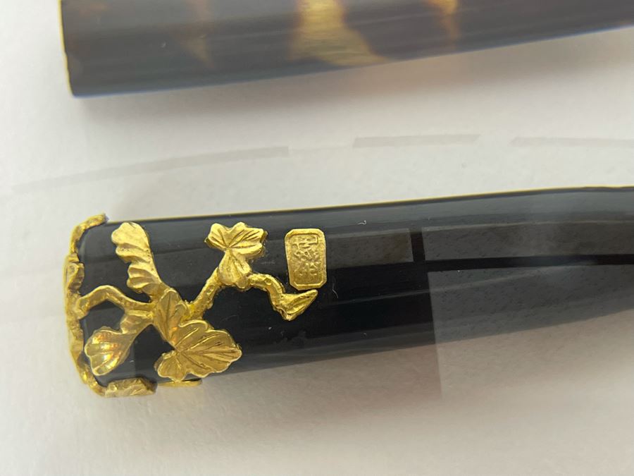 Vintage Signed Japanese Kushi Hair Comb And Kogai Hair Stick Kanzashi Set Hair Ornament Encrusted With Pure Gold Ornamentation 20.7g [Photo 11]