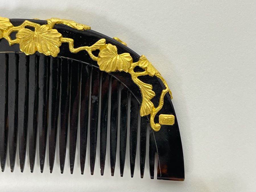 Vintage Signed Japanese Kushi Hair Comb And Kogai Hair Stick Kanzashi Set Hair Ornament Encrusted With Pure Gold Ornamentation 20.7g [Photo 6]