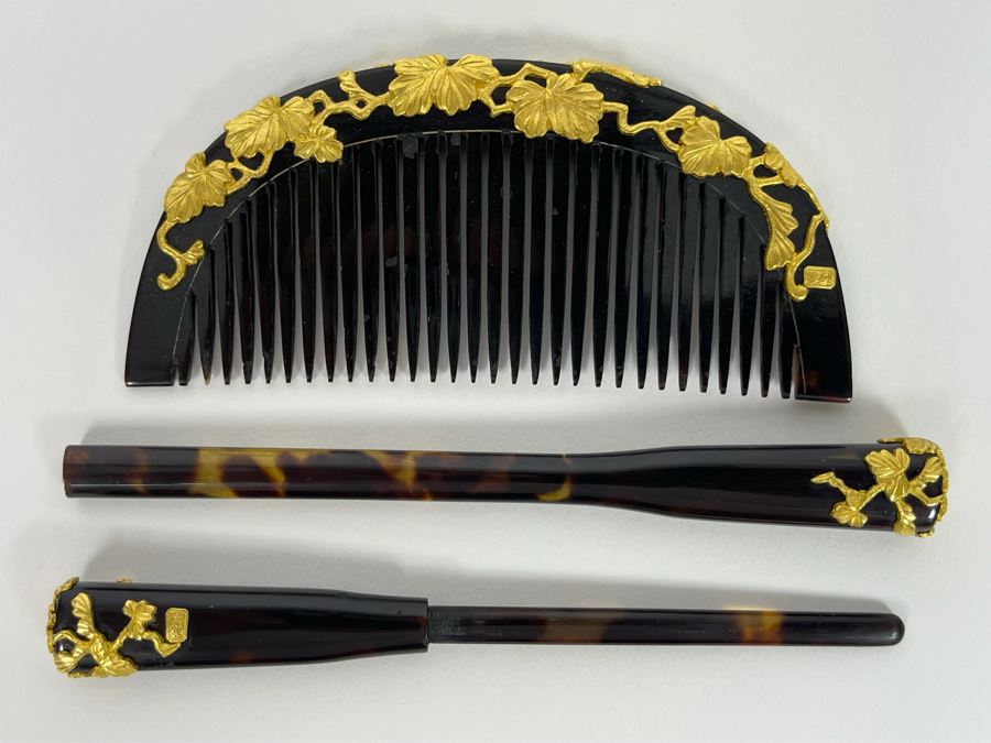 Vintage Signed Japanese Kushi Hair Comb And Kogai Hair Stick Kanzashi Set Hair Ornament Encrusted With Pure Gold Ornamentation 20.7g [Photo 2]