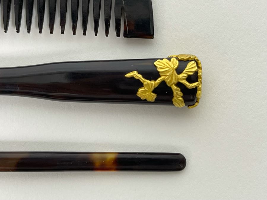 Vintage Signed Japanese Kushi Hair Comb And Kogai Hair Stick Kanzashi Set Hair Ornament Encrusted With Pure Gold Ornamentation 20.7g [Photo 9]