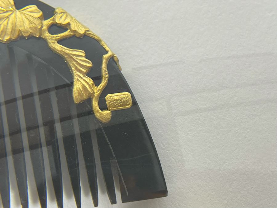Vintage Signed Japanese Kushi Hair Comb And Kogai Hair Stick Kanzashi Set Hair Ornament Encrusted With Pure Gold Ornamentation 20.7g [Photo 12]