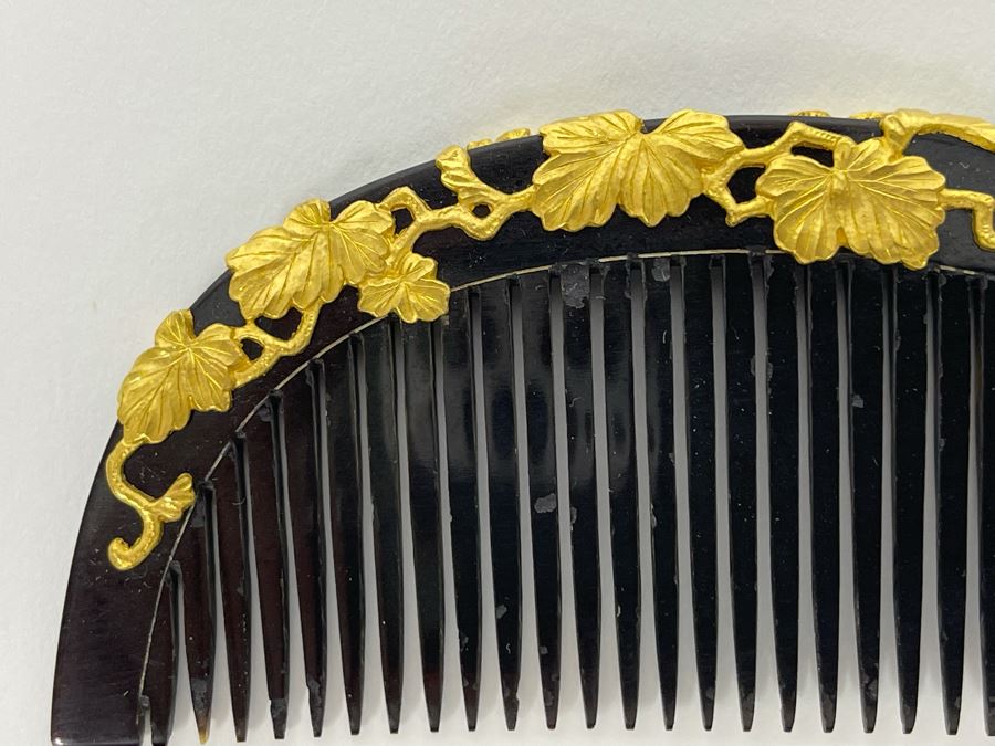 Vintage Signed Japanese Kushi Hair Comb And Kogai Hair Stick Kanzashi Set Hair Ornament Encrusted With Pure Gold Ornamentation 20.7g [Photo 7]