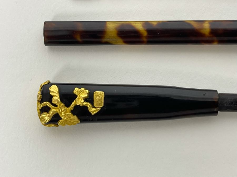 Vintage Signed Japanese Kushi Hair Comb And Kogai Hair Stick Kanzashi Set Hair Ornament Encrusted With Pure Gold Ornamentation 20.7g [Photo 8]