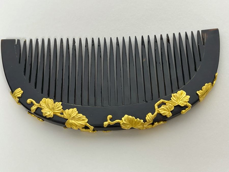 Vintage Signed Japanese Kushi Hair Comb And Kogai Hair Stick Kanzashi Set Hair Ornament Encrusted With Pure Gold Ornamentation 20.7g [Photo 16]
