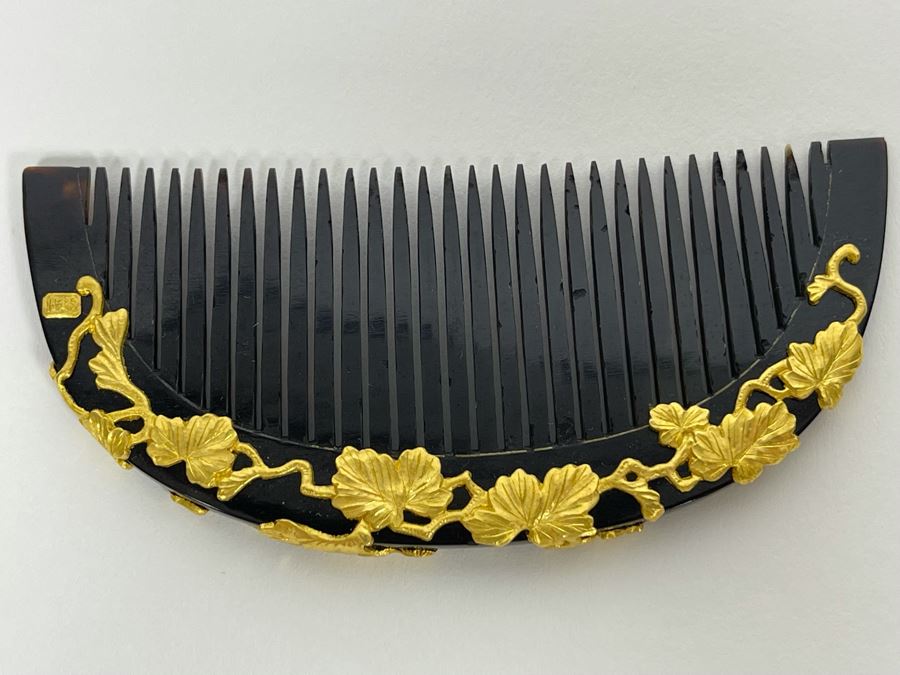 Vintage Signed Japanese Kushi Hair Comb And Kogai Hair Stick Kanzashi Set Hair Ornament Encrusted With Pure Gold Ornamentation 20.7g [Photo 19]