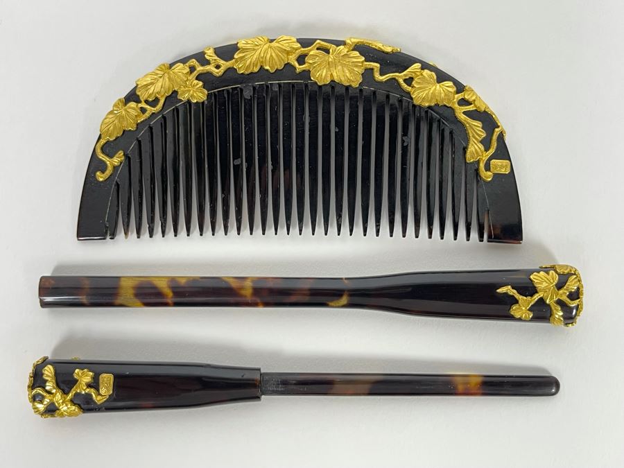 Vintage Signed Japanese Kushi Hair Comb And Kogai Hair Stick Kanzashi Set Hair Ornament Encrusted With Pure Gold Ornamentation 20.7g [Photo 4]