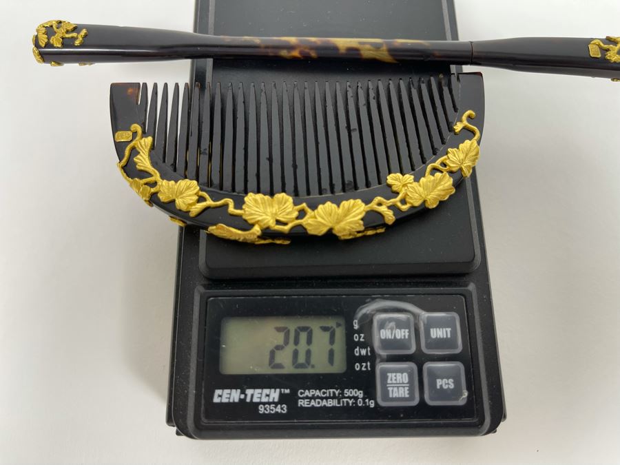 Vintage Signed Japanese Kushi Hair Comb And Kogai Hair Stick Kanzashi Set Hair Ornament Encrusted With Pure Gold Ornamentation 20.7g [Photo 21]