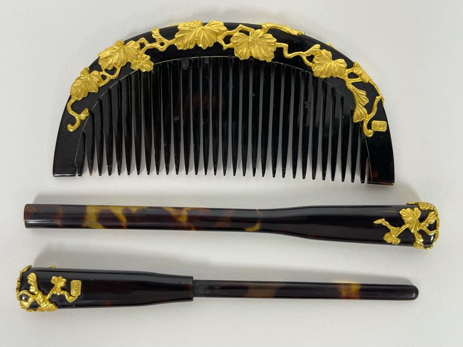 Vintage Signed Japanese Kushi Hair Comb And Kogai Hair Stick Kanzashi Set Hair Ornament Encrusted With Pure Gold Ornamentation 20.7g [Photo 5]