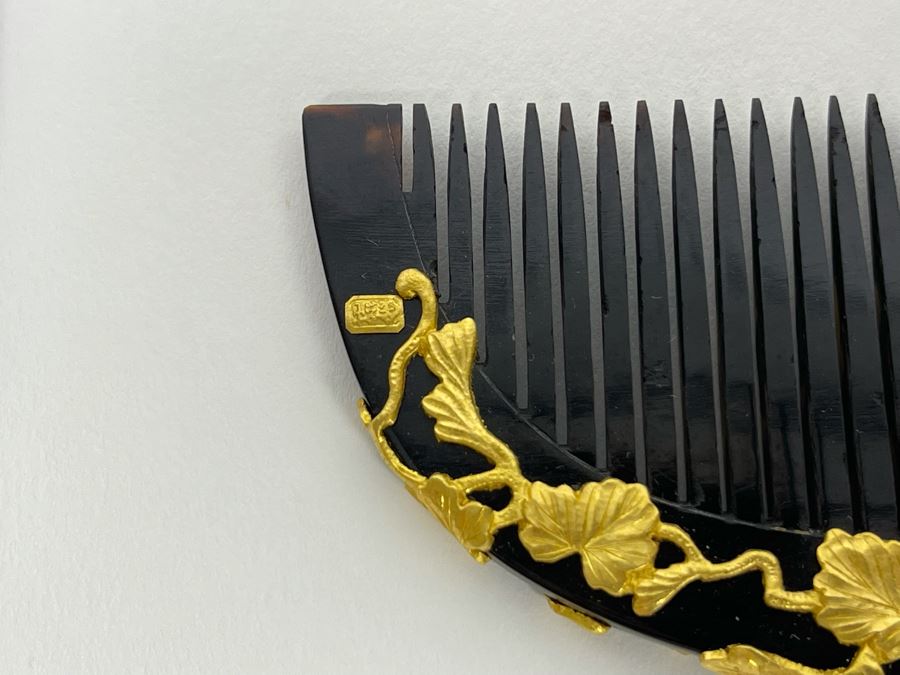 Vintage Signed Japanese Kushi Hair Comb And Kogai Hair Stick Kanzashi Set Hair Ornament Encrusted With Pure Gold Ornamentation 20.7g [Photo 18]