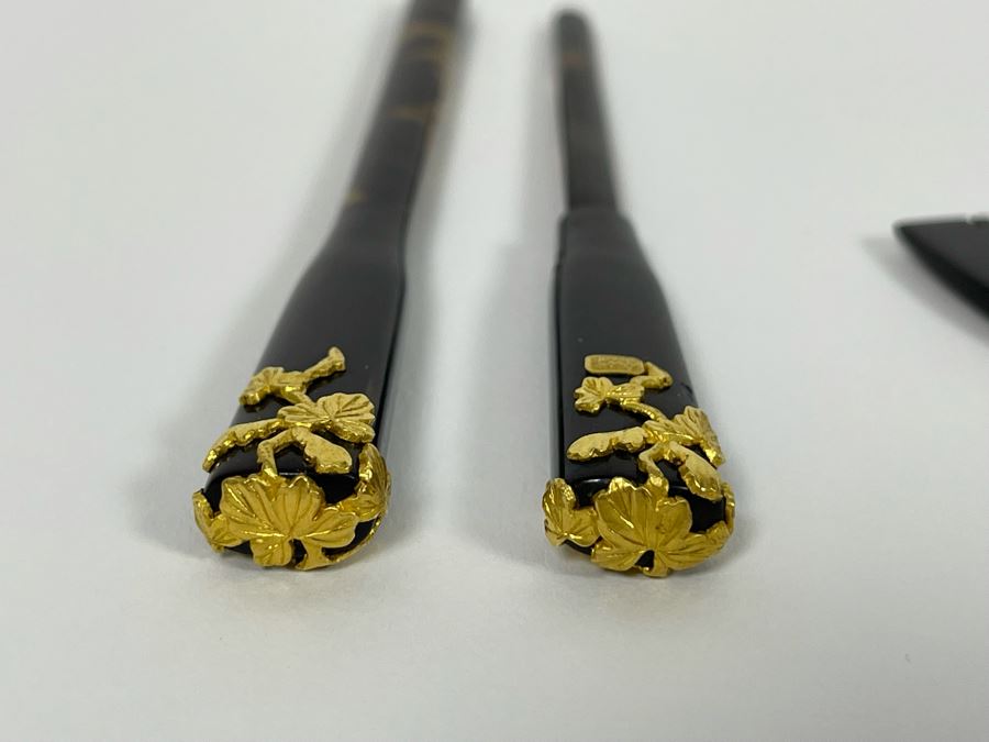 Vintage Signed Japanese Kushi Hair Comb And Kogai Hair Stick Kanzashi Set Hair Ornament Encrusted With Pure Gold Ornamentation 20.7g [Photo 13]