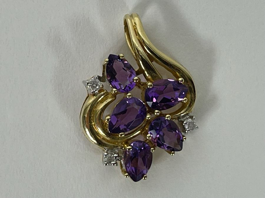 14K Gold Plumb Amethyst And Diamond Pendant 2.8g [Photo 3]