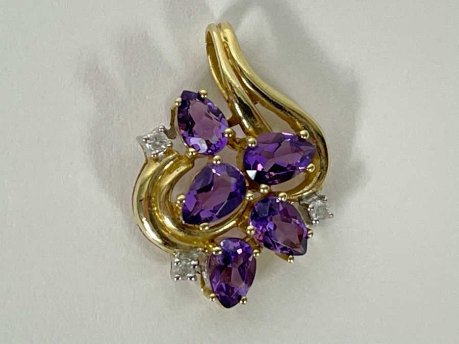 14K Gold Plumb Amethyst And Diamond Pendant 2.8g [Photo 2]