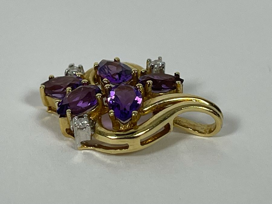 14K Gold Plumb Amethyst And Diamond Pendant 2.8g