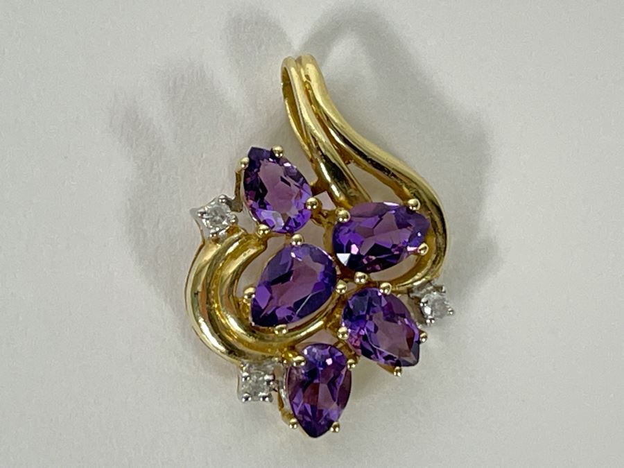 14K Gold Plumb Amethyst And Diamond Pendant 2.8g [Photo 4]