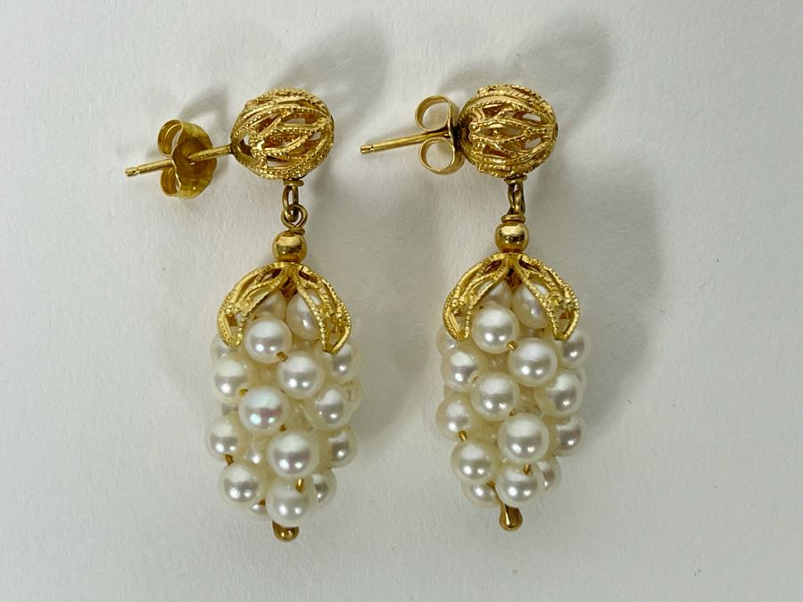 14K Gold Pearl Grape Motif Earrings 6g