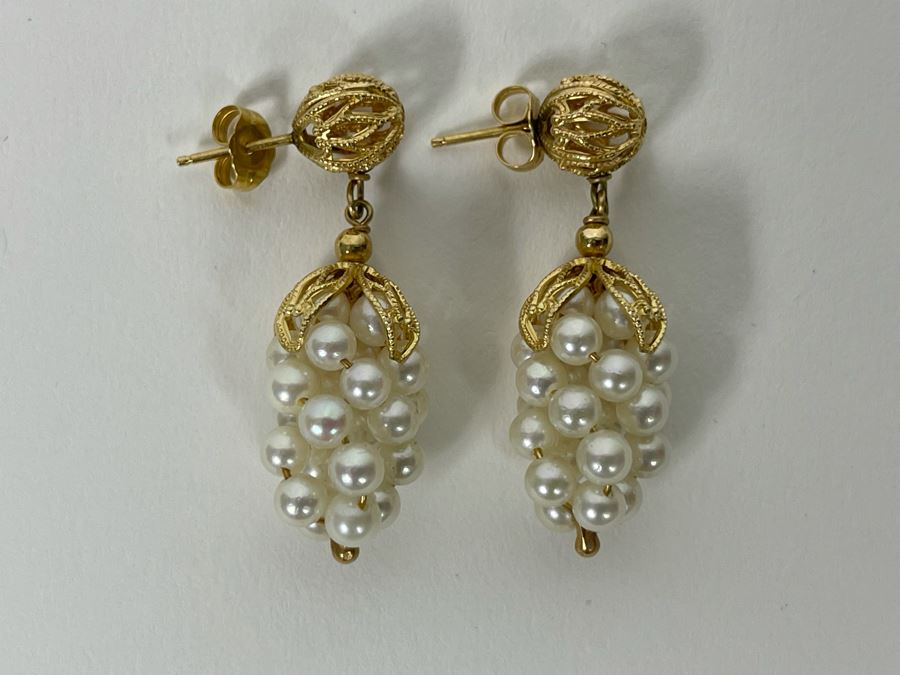 14k Gold Pearl Grape Motif Earrings 6g