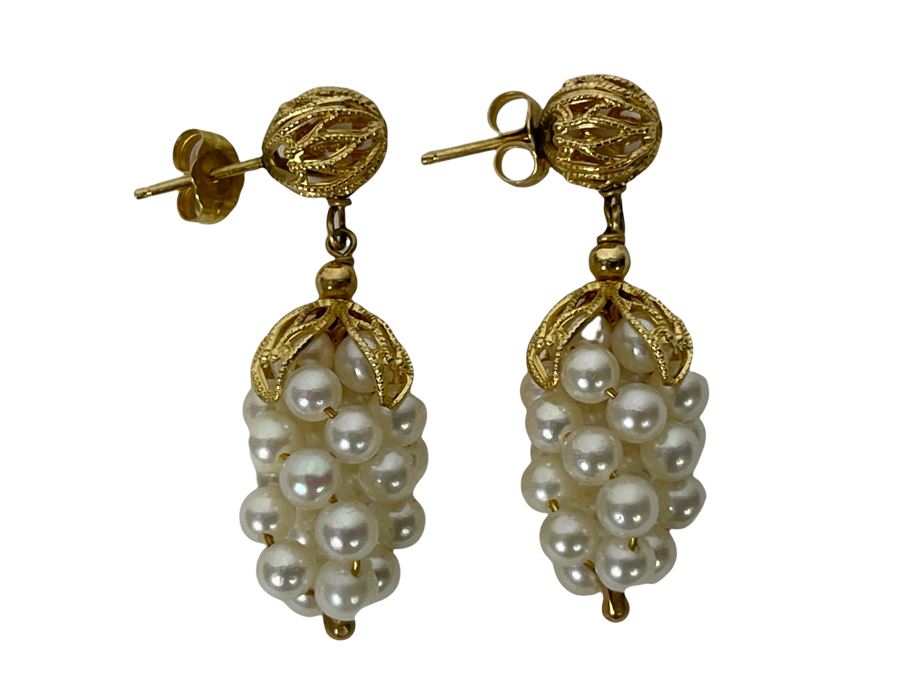 14K Gold Pearl Grape Motif Earrings 6g