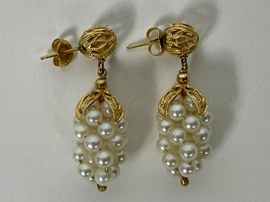 14K Gold Pearl Grape Motif Earrings 6g [Photo 4]