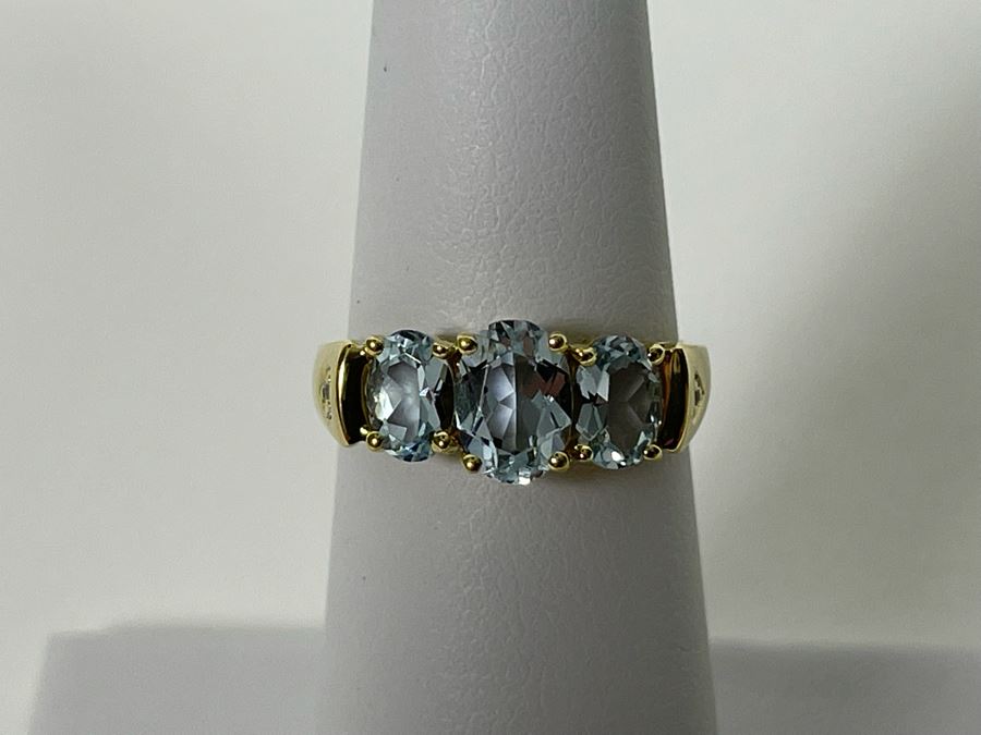 14K Gold Aquamarine Diamond Ring Size 5.75 2.7g Retails $700 [Photo 4]