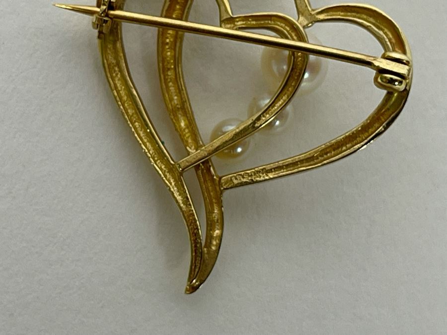 14K Gold Pearl Heart Pin Brooch 4.1g [Photo 5]