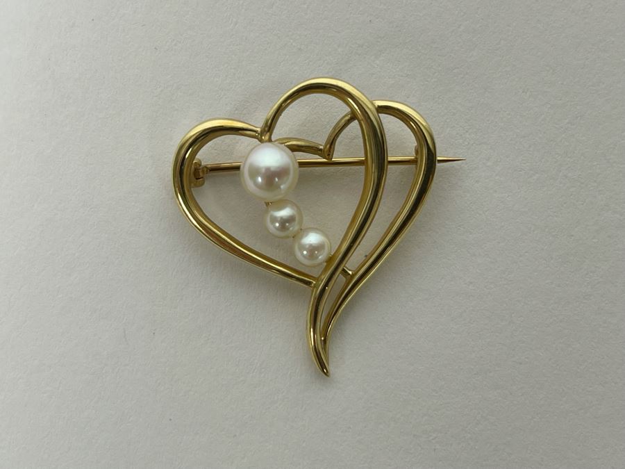 14K Gold Pearl Heart Pin Brooch 4.1g [Photo 2]