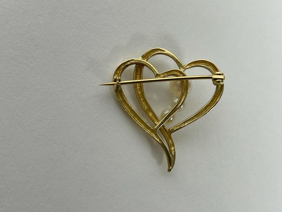 14K Gold Pearl Heart Pin Brooch 4.1g [Photo 4]