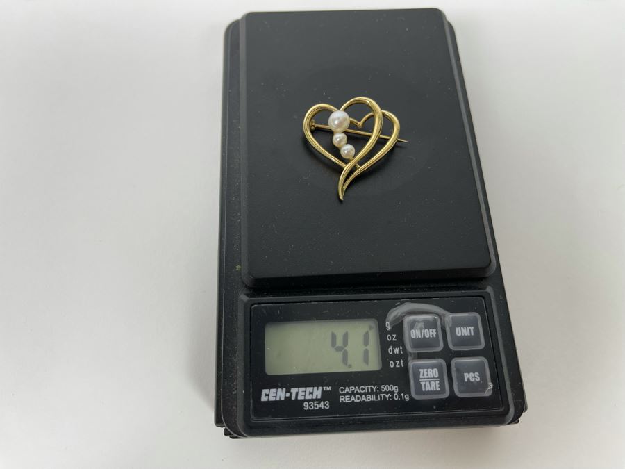 14K Gold Pearl Heart Pin Brooch 4.1g [Photo 6]