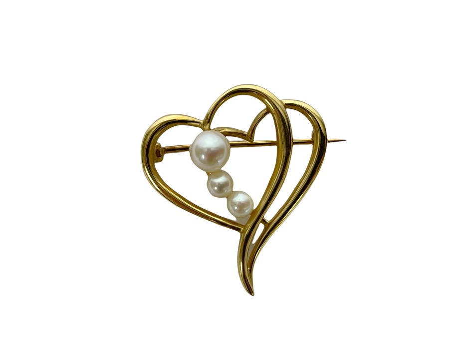 14K Gold Pearl Heart Pin Brooch 4.1g [Photo 1]