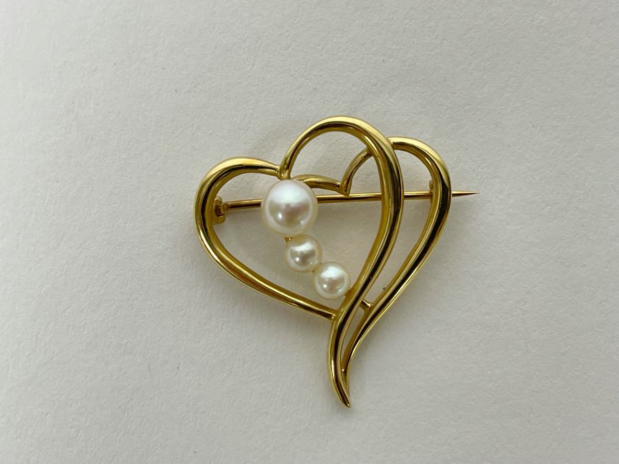 14K Gold Pearl Heart Pin Brooch 4.1g [Photo 3]
