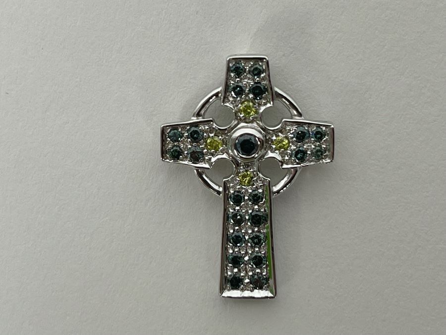 14K Gold Blue / Yellow Diamond Cross Pendant 3.1g [Photo 5]