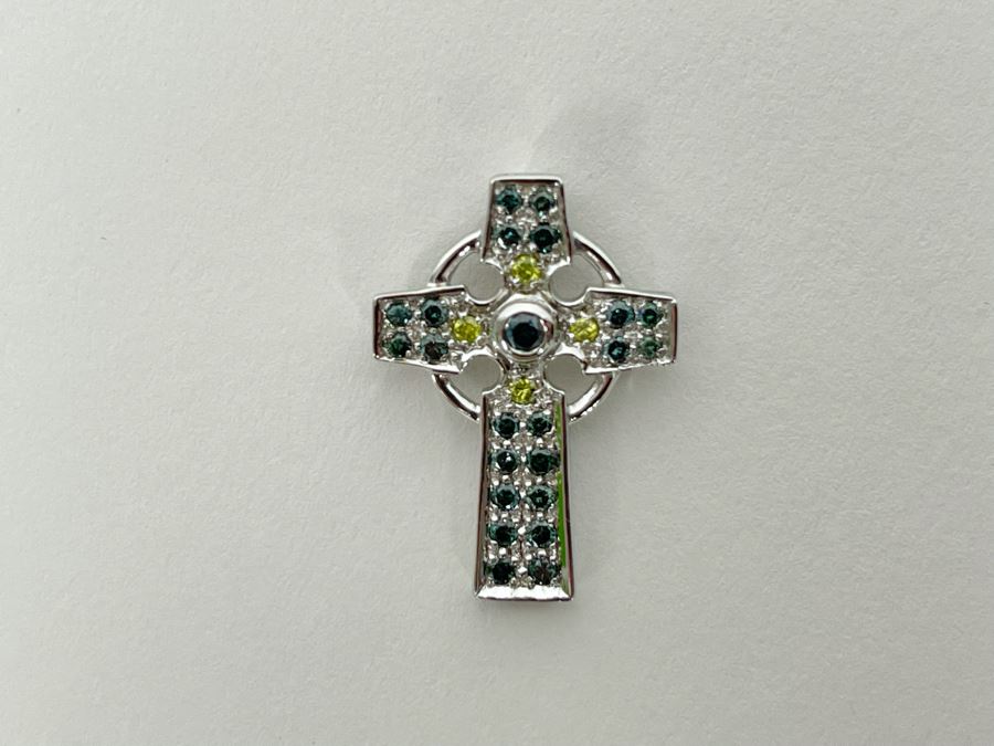 14K Gold Blue / Yellow Diamond Cross Pendant 3.1g [Photo 3]