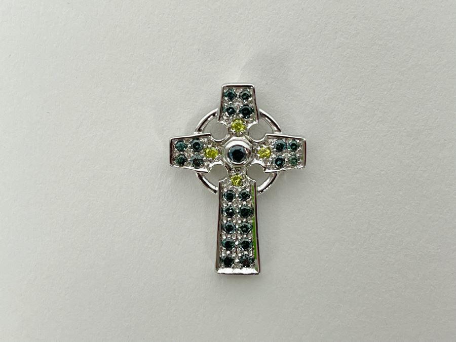 14K Gold Blue / Yellow Diamond Cross Pendant 3.1g [Photo 4]