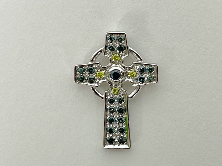 14K Gold Blue / Yellow Diamond Cross Pendant 3.1g [Photo 6]